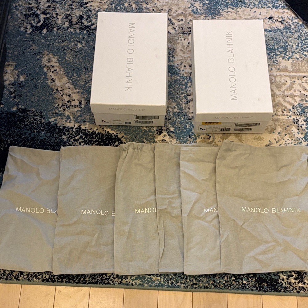 Manolo Blahnik White Shoe Boxes and Gray Dust Bags